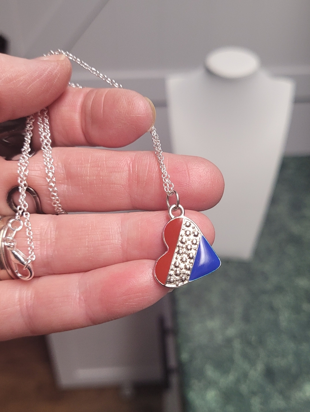 Hand Crafted Red and Blue Heart Pendant Necklace - Silver Tone